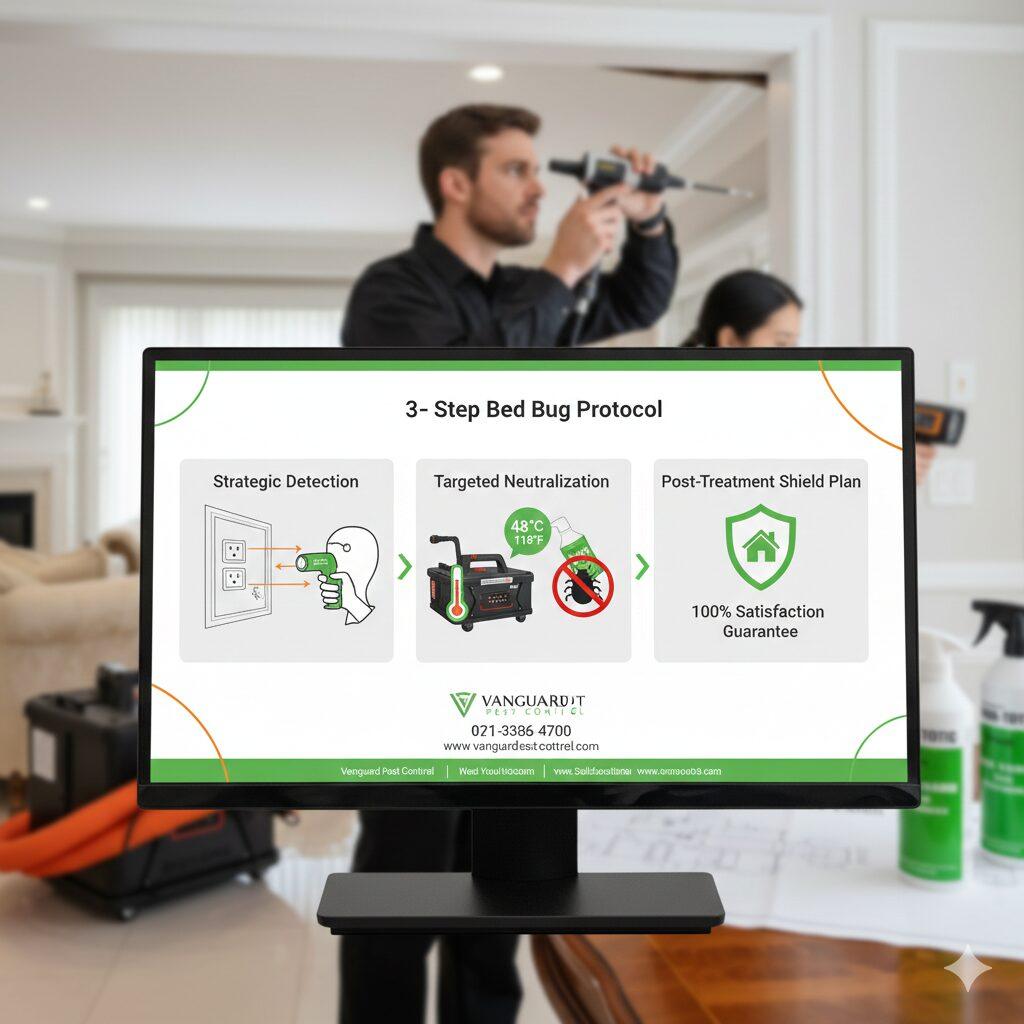 Infographic showing Vanguard Pest Control’s 3-step bed bug removal process: Strategic Detection in outlets, Targeted Heat Neutralization at 48°C, and Post-Treatment Shield Plan.