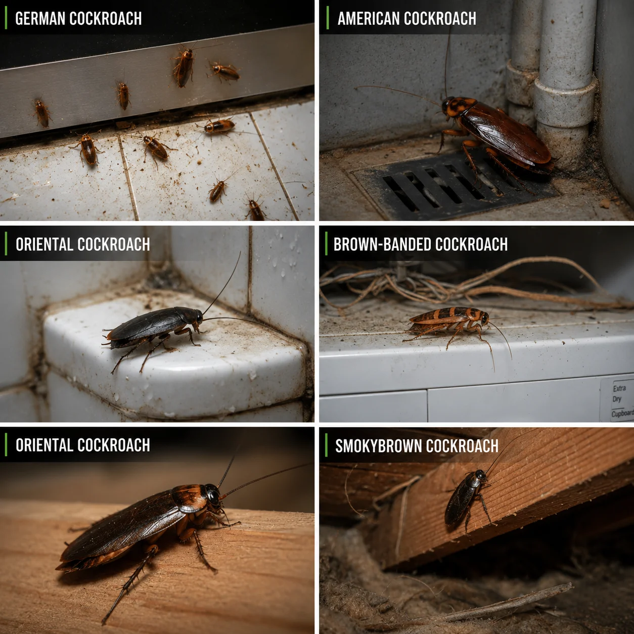 Close-up images of common cockroach species in homes and businesses, including German, American, Oriental, Brownbanded, and Smokybrown cockroaches in typical hiding spots