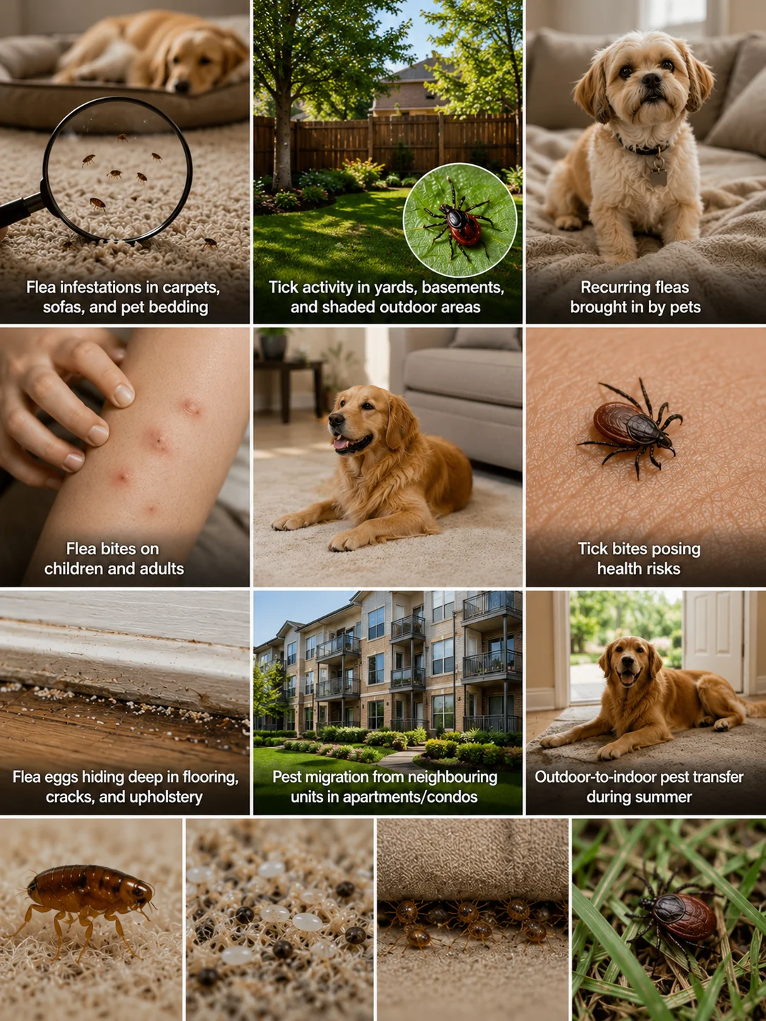 Collage showing common flea and tick problems in Greater Toronto Area homes, including flea infestations in carpets and pet bedding, tick activity in yards, flea bites, tick bites, flea eggs in flooring, apartment pest migration, and outdoor-to-indoor flea and tick transfer.