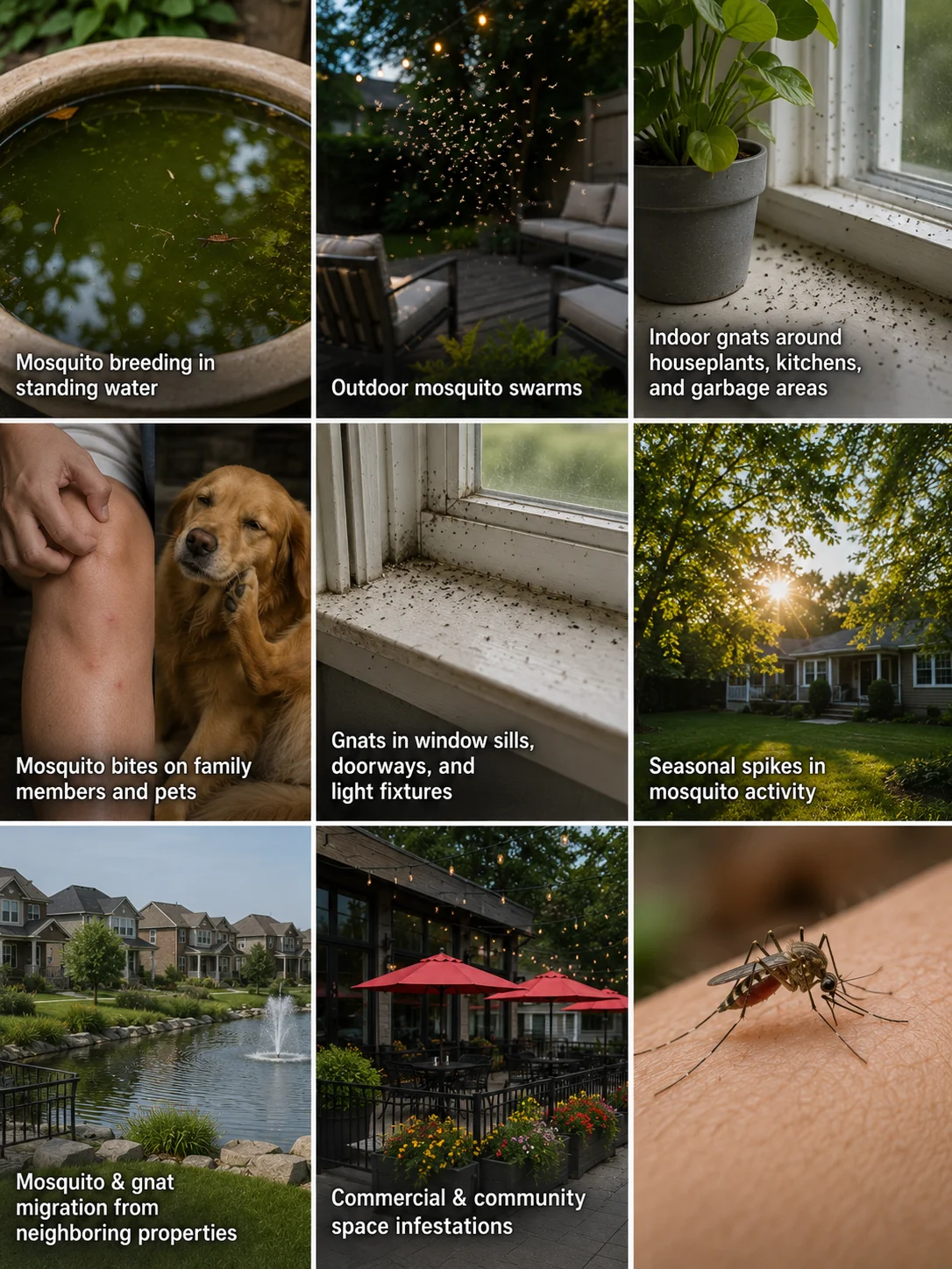 collage showing common mosquito and gnat problems in Greater Toronto Area homes, including standing water breeding sites, backyard mosquito swarms, indoor gnats around houseplants and windows, mosquito bites on people and pets, neighbouring property infestations, and commercial outdoor mosquito activity.