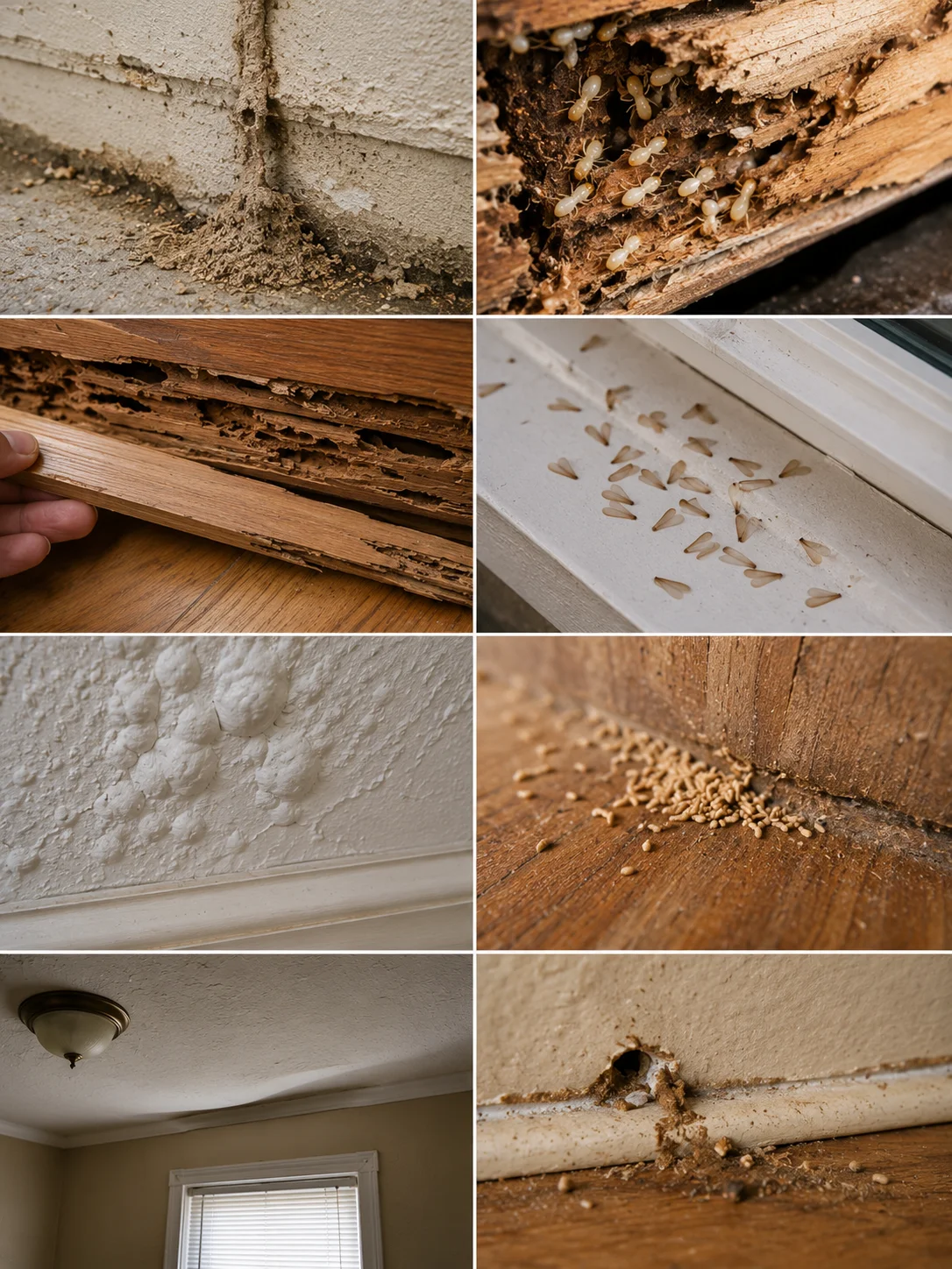 common signs of termite infestation in a Greater Toronto Area home, including mud tubes on a foundation wall, live termites in damaged wood, hollow baseboards, discarded termite wings on a windowsill, blistered paint, termite frass droppings, sagging ceilings, and termite entry holes near baseboards.
