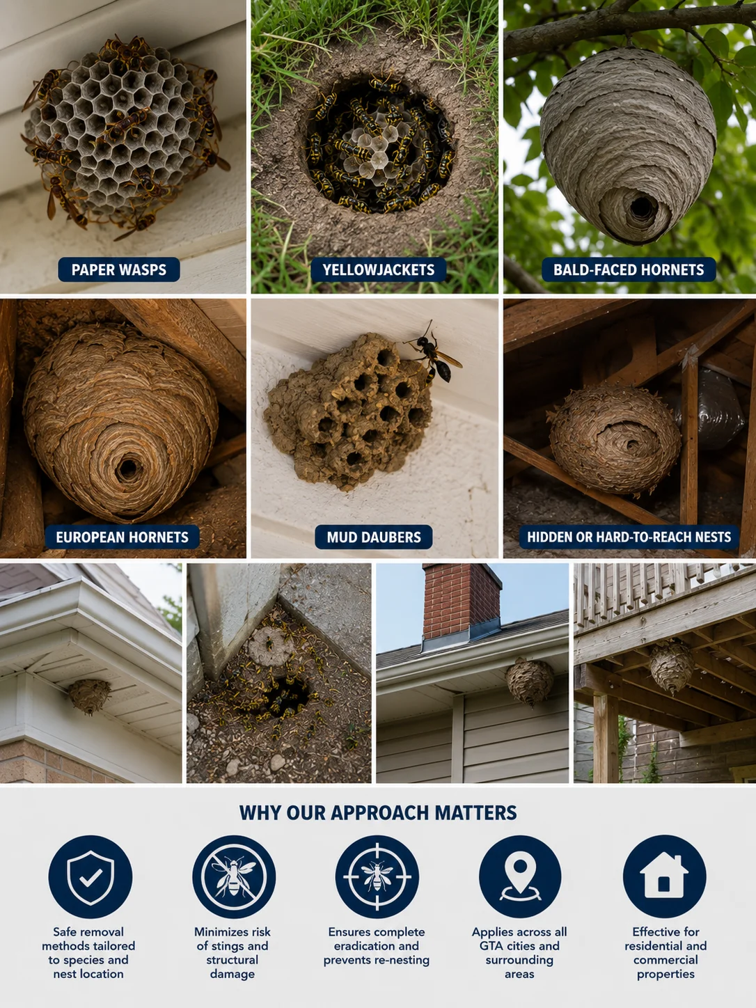 common wasp species and nests found in Greater Toronto Area homes, including paper wasp nests under roof soffits, yellowjacket ground nests, bald-faced hornet aerial nests, European hornet nests in attics, mud dauber nests on walls, and concealed wasp nests in roof spaces and outdoor structures.