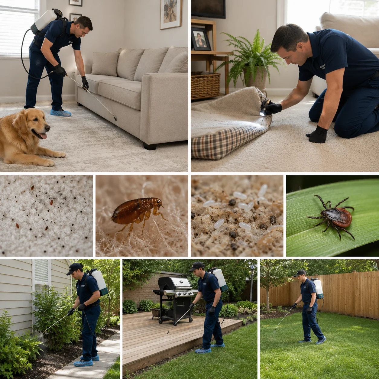 Professional flea and tick control service by Vanguard Pest Control showing a licensed technician inspecting carpets and pet bedding indoors, identifying flea activity, and applying outdoor yard treatments to lawns, shrubs, patios, and shaded areas to eliminate fleas and ticks across Greater Toronto Area homes.