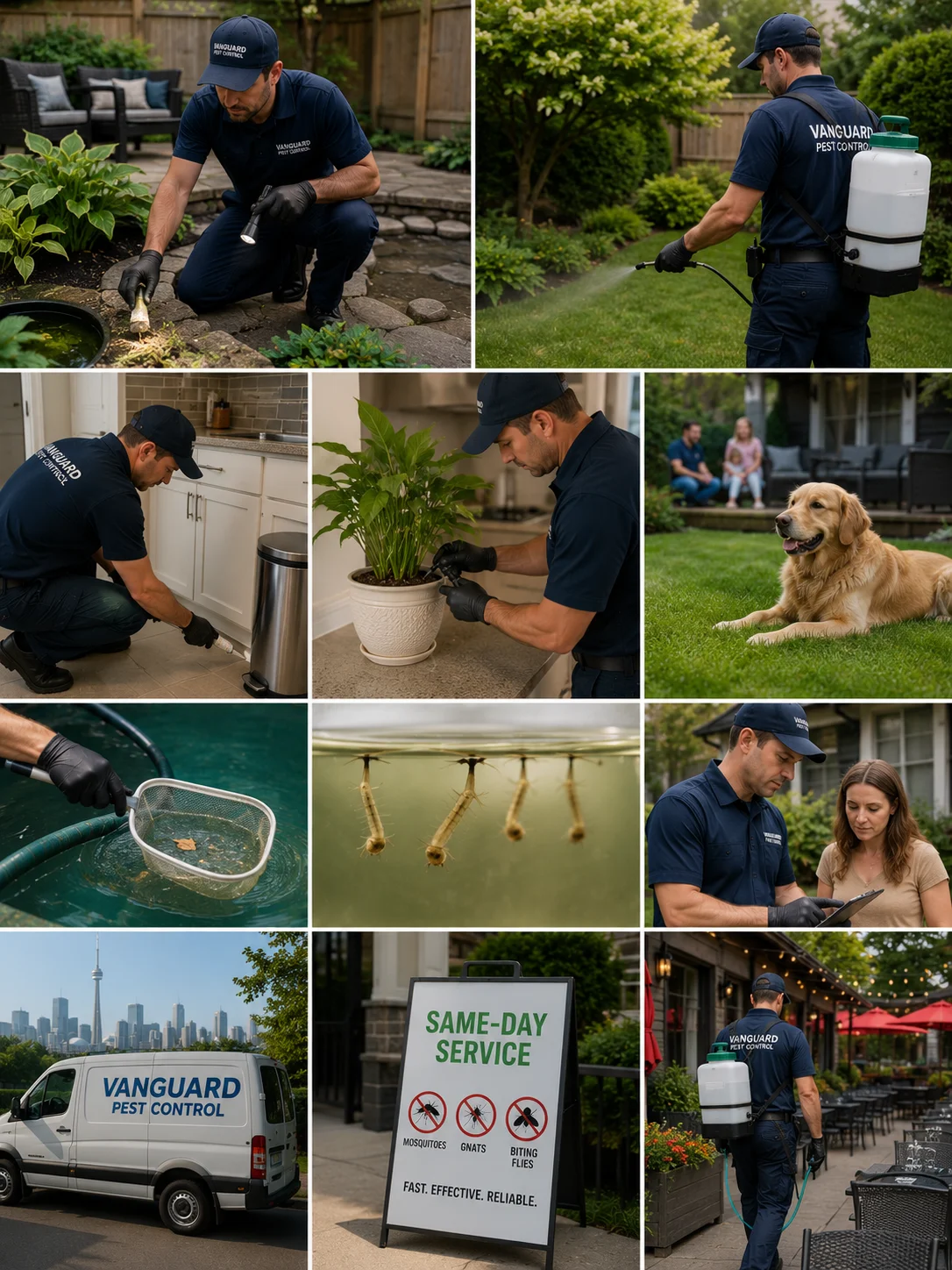 Professional mosquito and gnat control services by Vanguard Pest Control showing licensed technicians inspecting a residential property, applying outdoor mosquito barrier treatments, treating shaded breeding areas, eliminating standing water, and providing safe mosquito and gnat control for homes and businesses across the Greater Toronto Area.