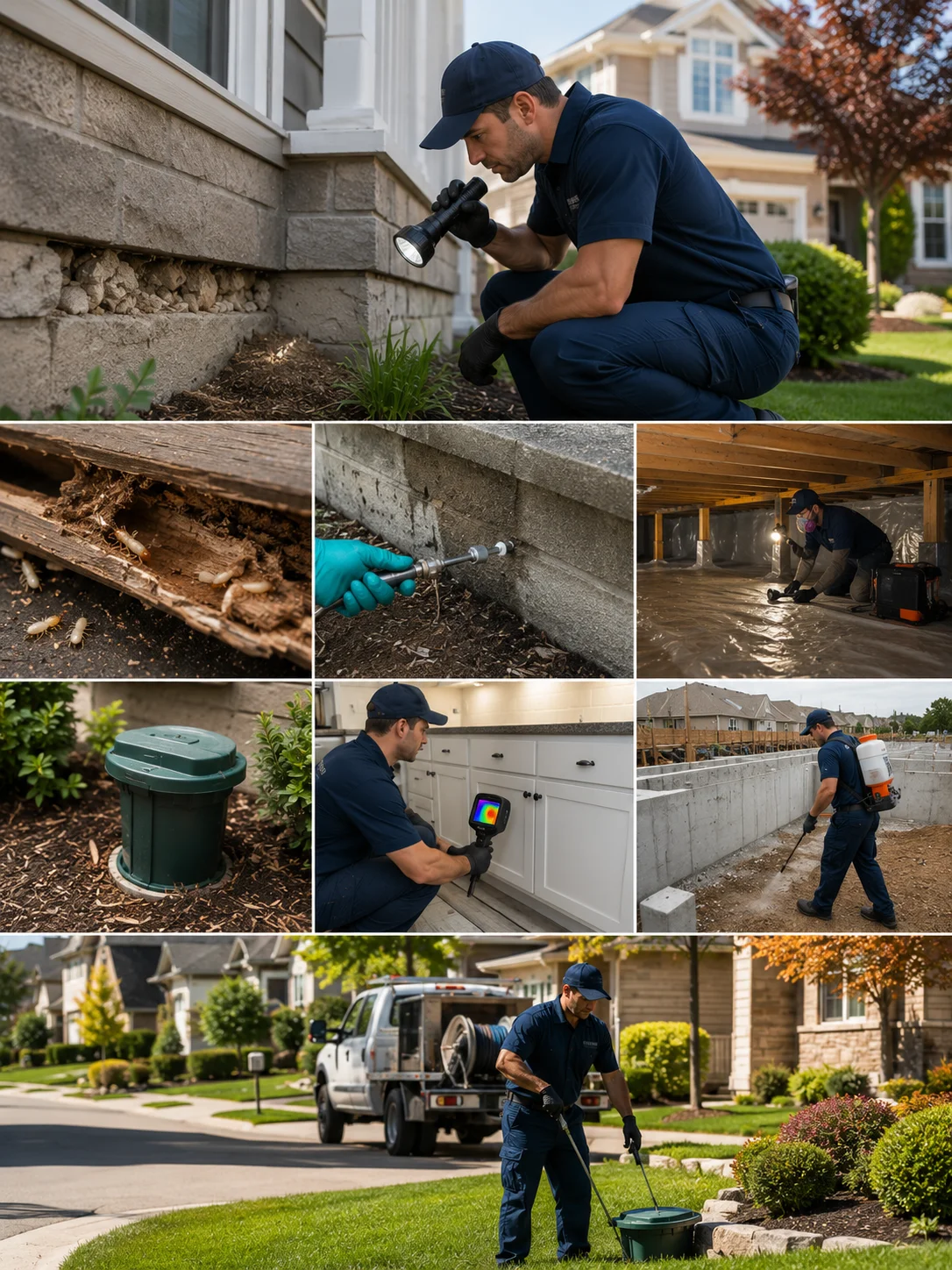 Vanguard Pest Control's comprehensive termite control services in the Greater Toronto Area, including professional termite inspection, thermal imaging, termite damage assessment, bait station installation, soil treatment, crawl space inspection, foundation protection, and long-term termite monitoring.