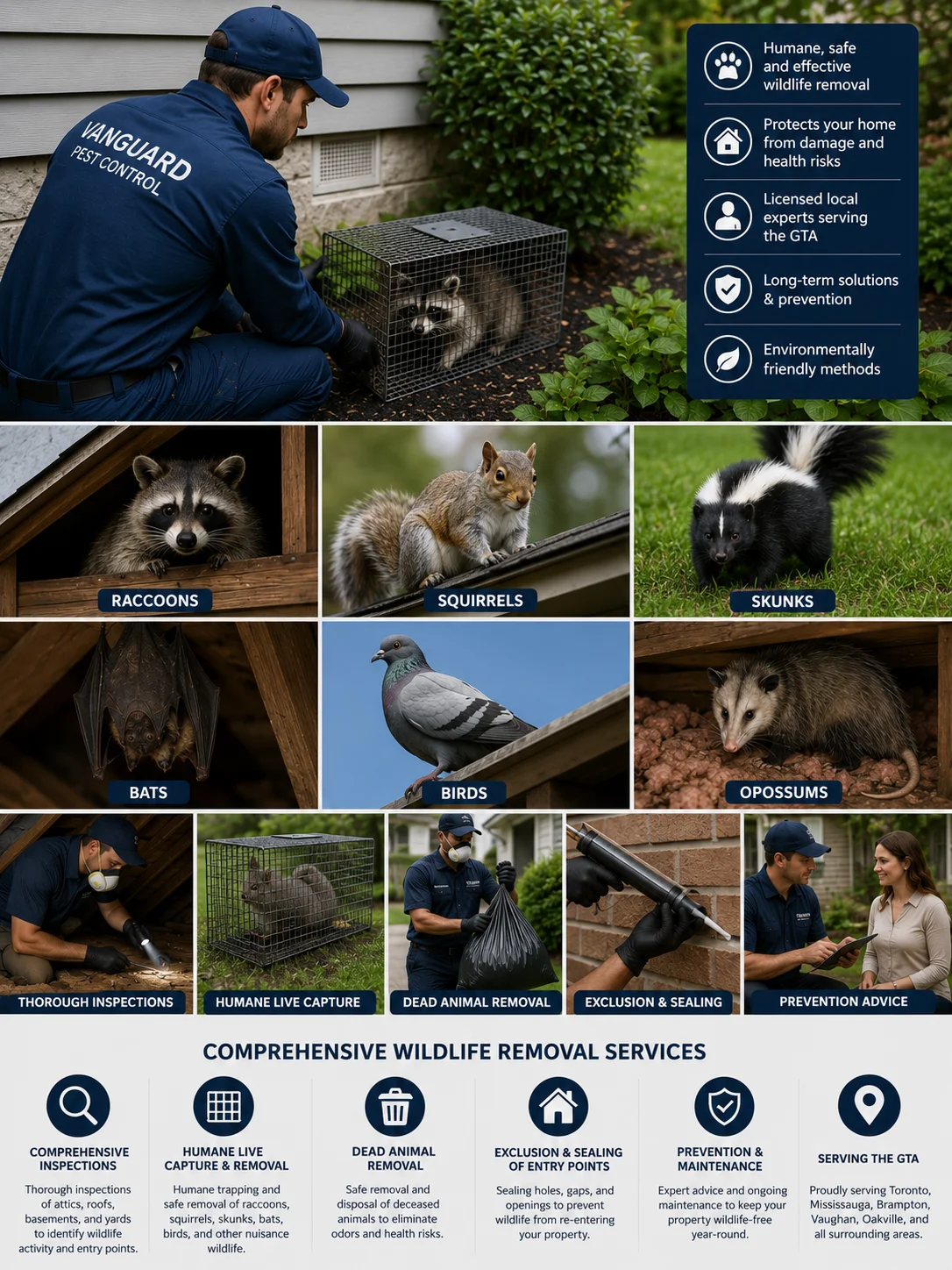 Licensed Vanguard Pest Control technician performing humane wildlife removal and exclusion services for raccoons, squirrels, skunks, bats, birds, and opossums at a residential property in the Greater Toronto Area, including Toronto, Mississauga, Brampton, Vaughan, Oakville, and surrounding GTA communities.