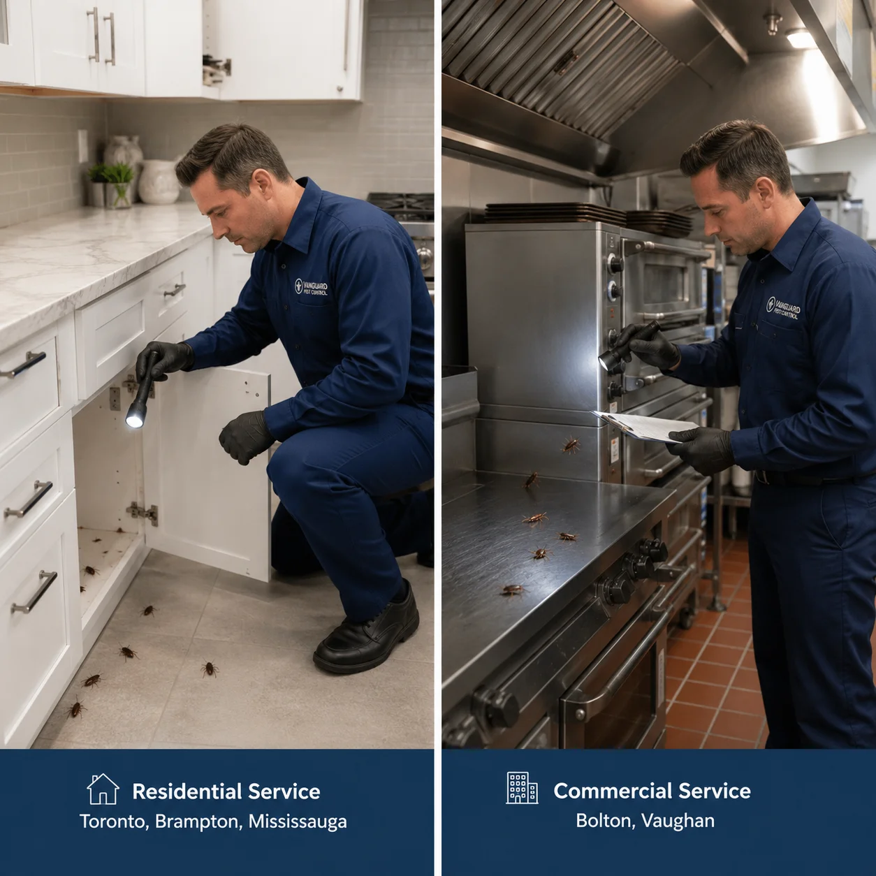 Vanguard Pest Control technician inspecting kitchens and commercial areas for cockroach infestations in the GTA, wearing branded uniform and using inspection tools.