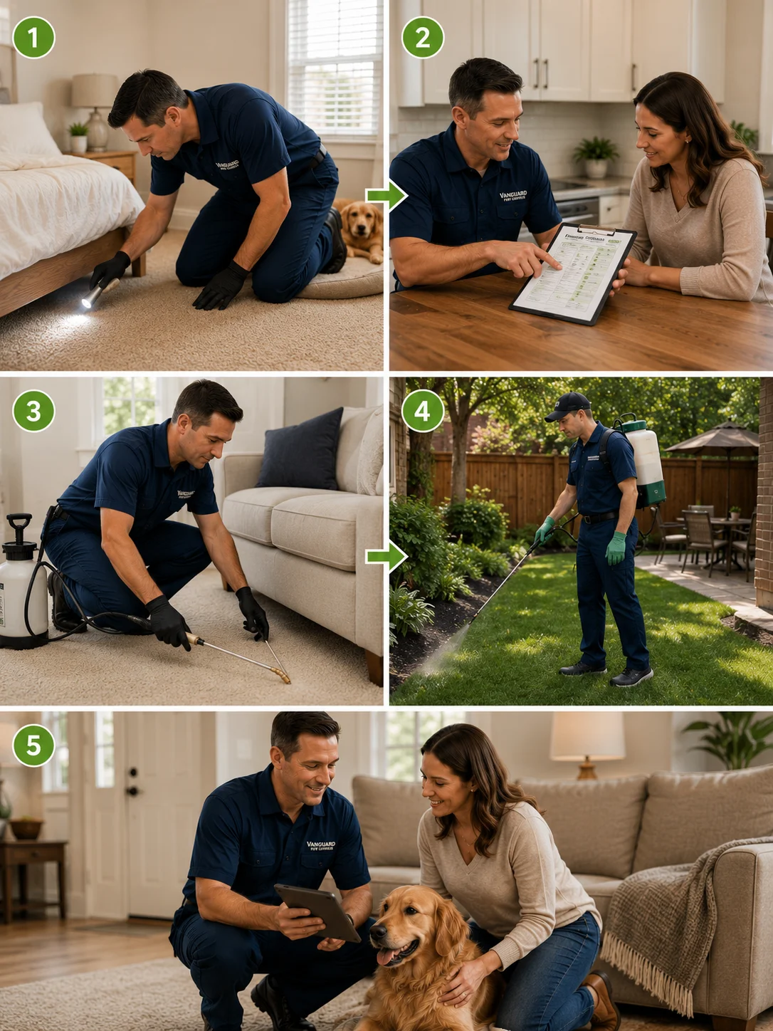 Step-by-step professional flea and tick treatment process by Vanguard Pest Control showing a licensed technician inspecting a home, creating a customized treatment plan, applying indoor flea treatments, performing outdoor tick barrier applications, and completing a follow-up consultation with the homeowner in the Greater Toronto Area.
