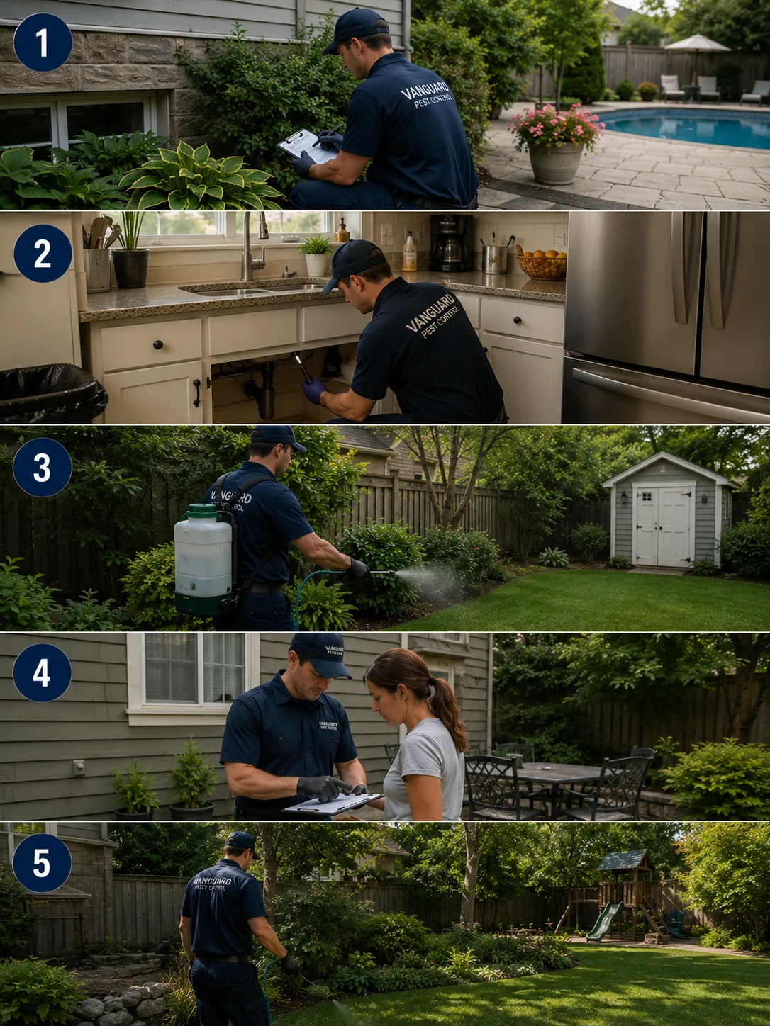 photo collage showing Vanguard Pest Control's professional mosquito and gnat treatment process, including property inspection, breeding site identification, outdoor mosquito barrier spraying, indoor gnat treatment, standing water elimination, and follow-up monitoring at a residential property in the Greater Toronto Area.