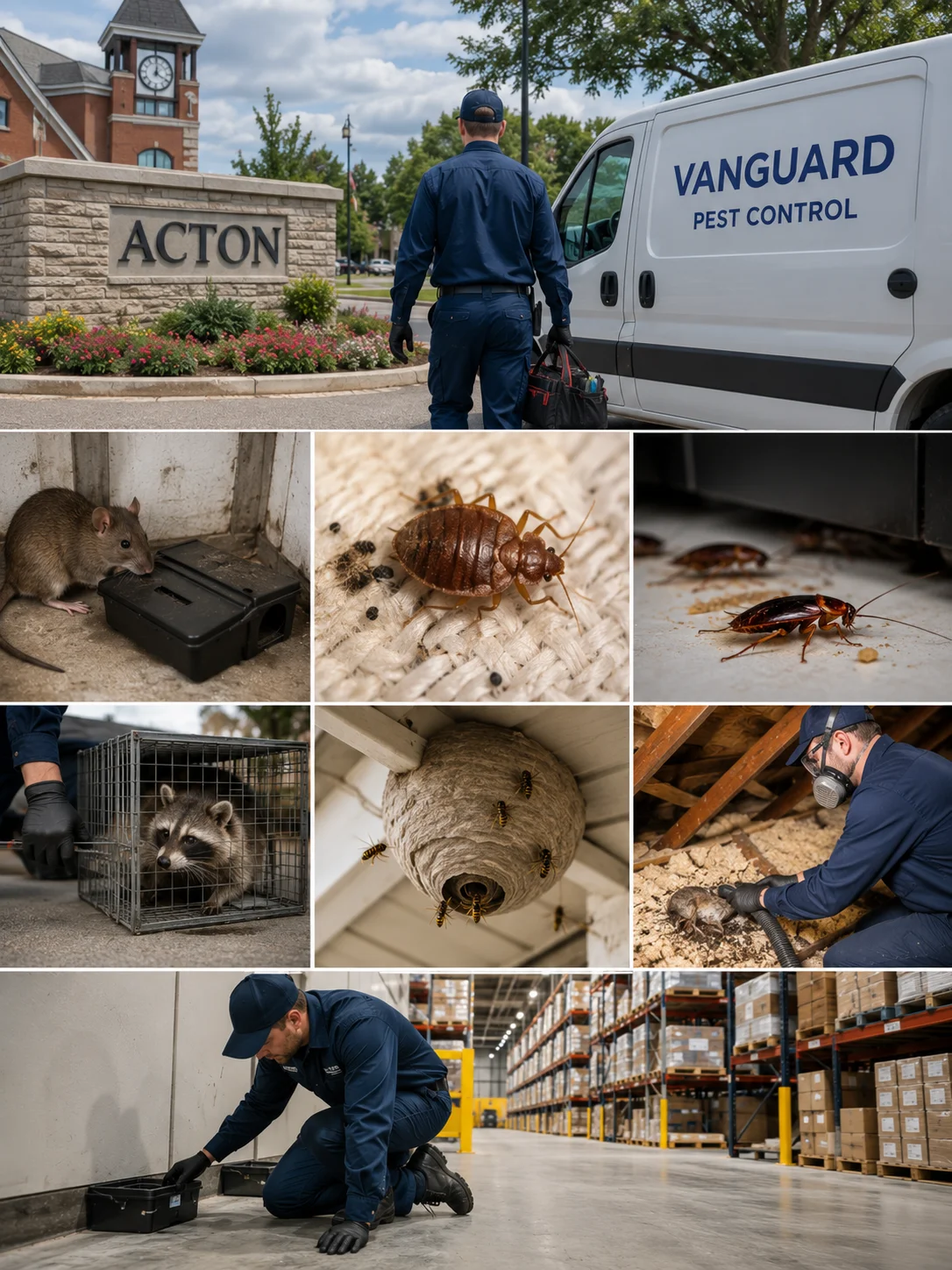 Vanguard Pest Control technician providing professional pest control services in Acton, Ontario, with rodent control, bed bug treatment, cockroach extermination, wildlife removal, wasp nest removal, and commercial pest management for residential, commercial, and industrial properties.