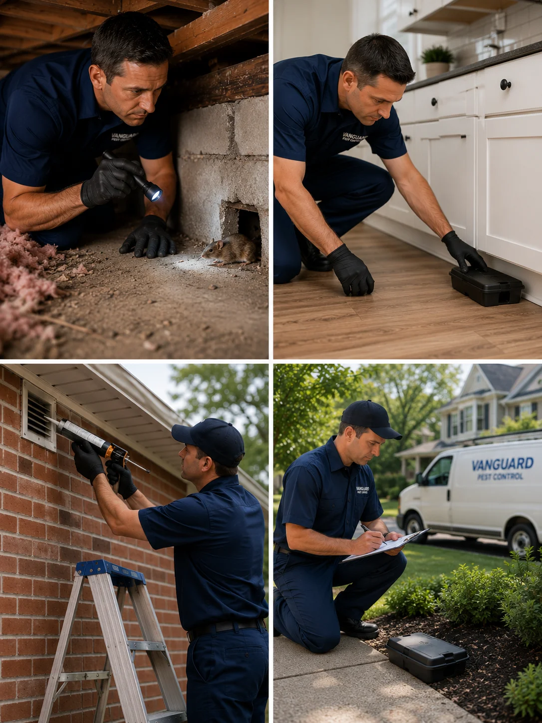 Professional rodent control process by Vanguard Pest Control showing licensed technicians inspecting for rodent activity, placing tamper-resistant bait stations, sealing exterior entry points, and monitoring rodent control systems to prevent mice and rat infestations in Greater Toronto Area homes.