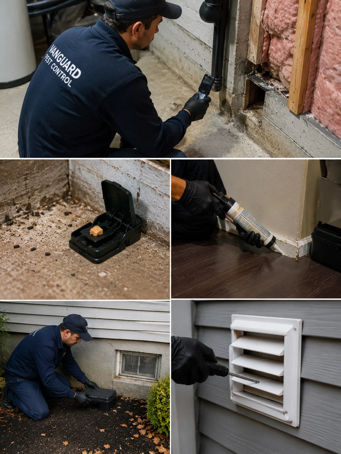Vanguard Pest Control's professional rodent control process, including a licensed technician inspecting a basement, placing tamper-resistant rodent bait stations, sealing rodent entry points around a home's foundation, and performing follow-up monitoring for long-term mice and rat prevention in the Greater Toronto Area.