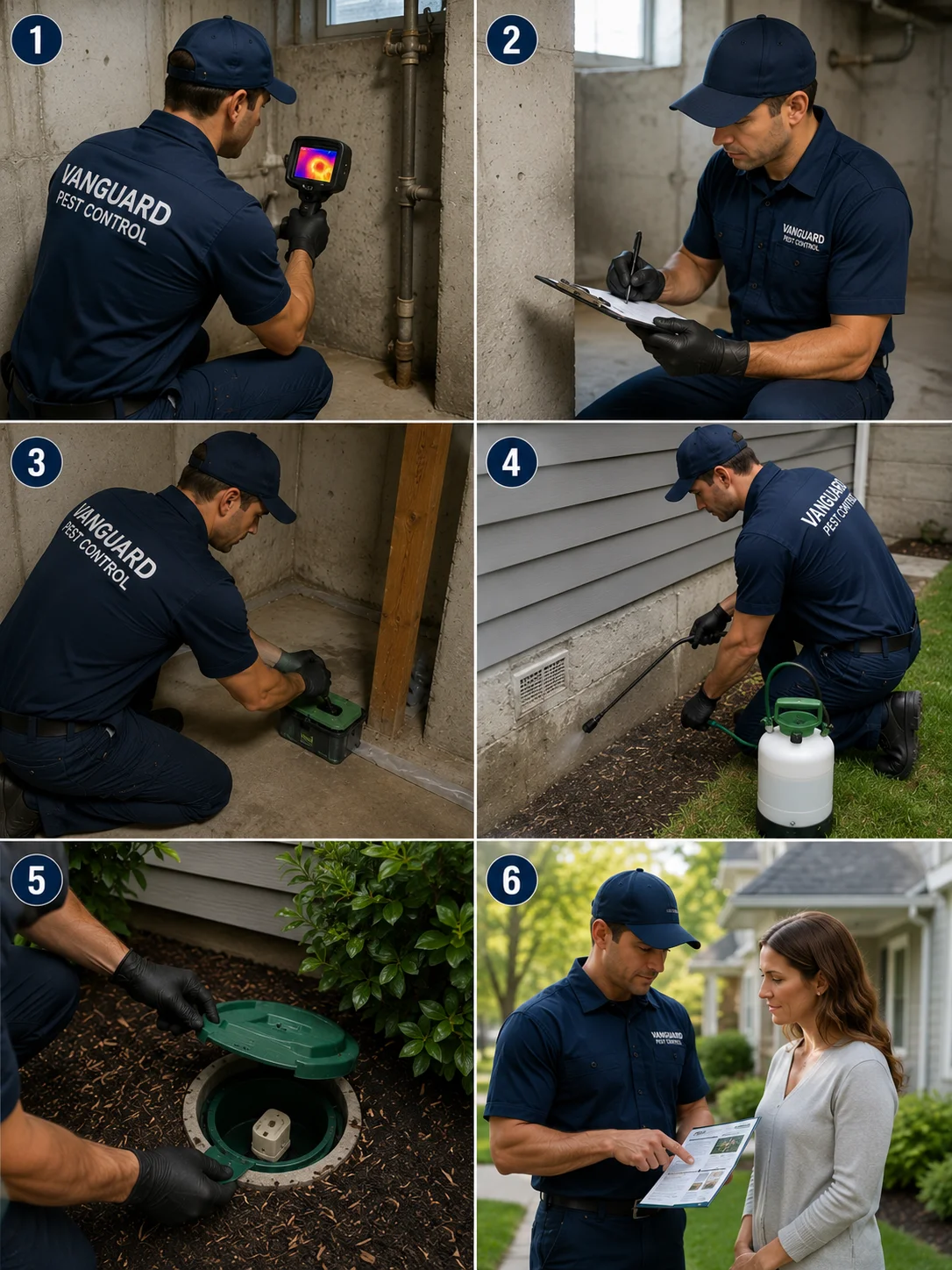 Professional termite treatment process in a Greater Toronto Area home showing a licensed Vanguard Pest Control technician performing a termite inspection, detecting hidden termite activity, applying eco-friendly soil treatments, installing termite bait stations, sealing foundation entry points, and conducting follow-up monitoring to prevent future infestations.