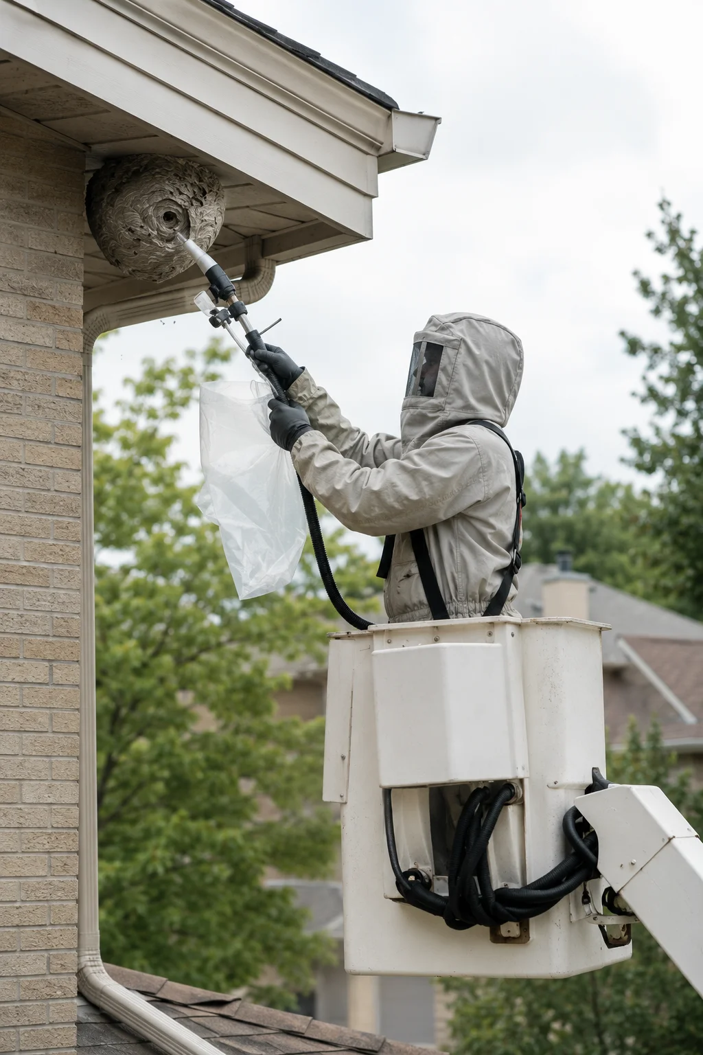 Licensed Vanguard Pest Control technician safely removing a large wasp nest from a residential roof soffit using professional equipment and protective gear during a wasp nest removal service in the Greater Toronto Area.