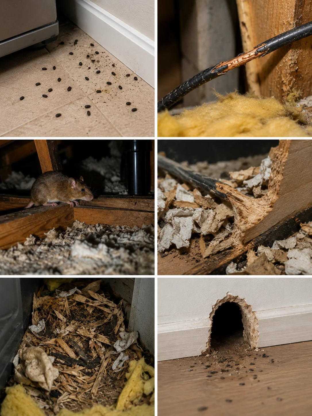 Realistic collage showing common signs of rodent infestation in a Greater Toronto Area home, including mouse droppings, gnawed electrical wiring, chewed wood, rodent nests, entry holes, and a mouse in an attic, illustrating early warning signs of mice and rat activity.