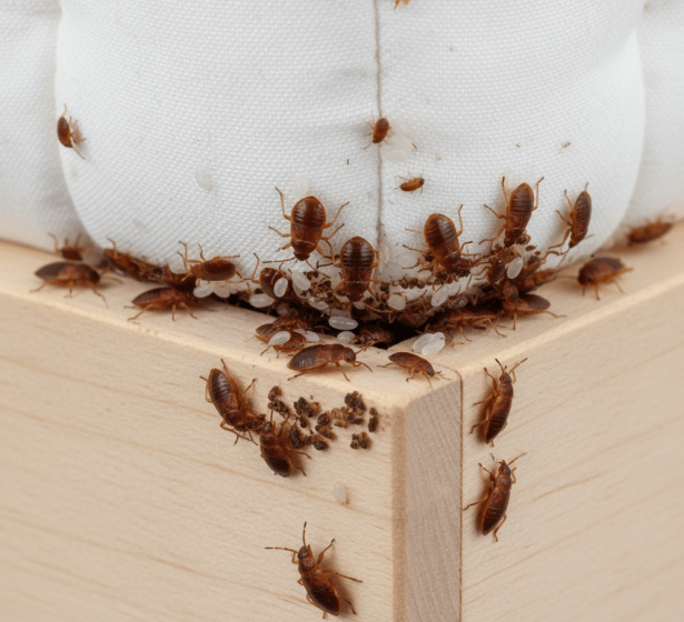 Close-up of bed bugs and eggs in a mattress, bed frame, and furniture cracks, illustrating a bed bug infestation in GTA homes and businesses