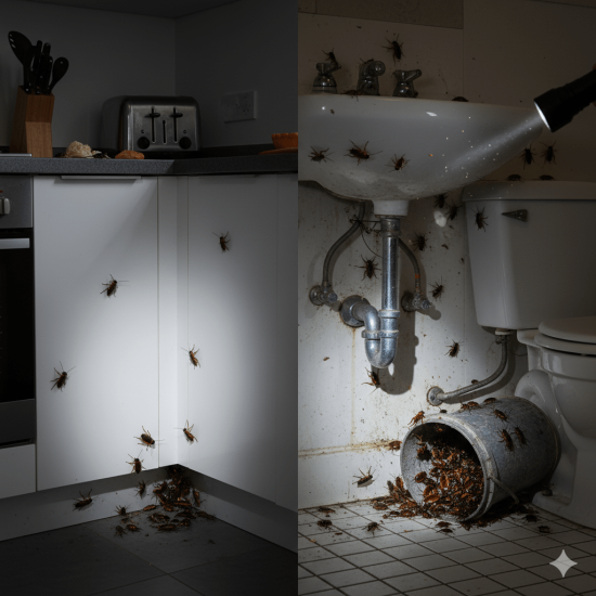 Cockroaches in a kitchen and bathroom hiding under cabinets and near pipes, showing common infestation areas for residential and commercial properties in the GTA
