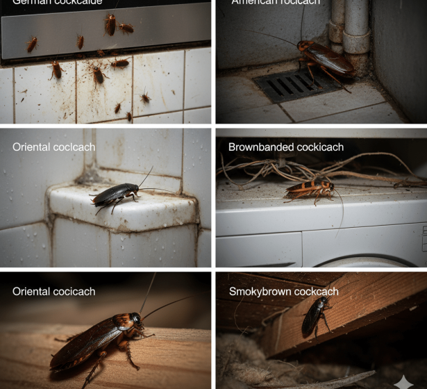 Close-up images of common cockroach species in homes and businesses, including German, American, Oriental, Brownbanded, and Smokybrown cockroaches in typical hiding spots