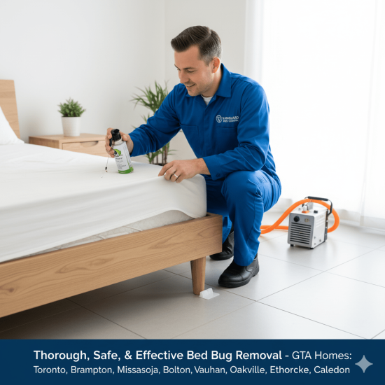 Professional bed bug exterminator treating a residential bedroom with eco-friendly sprays and traps, wearing Vanguard Pest Control uniform, in Toronto GTA home.