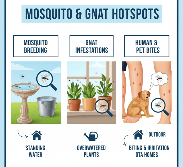 Common mosquito and gnat problems in GTA homes including standing water, pets, and indoor areas