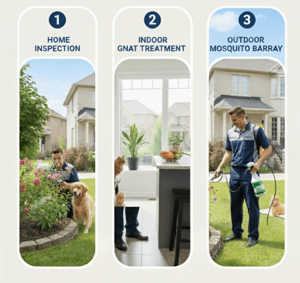 Step-by-step professional mosquito and gnat treatment process in GTA homes.