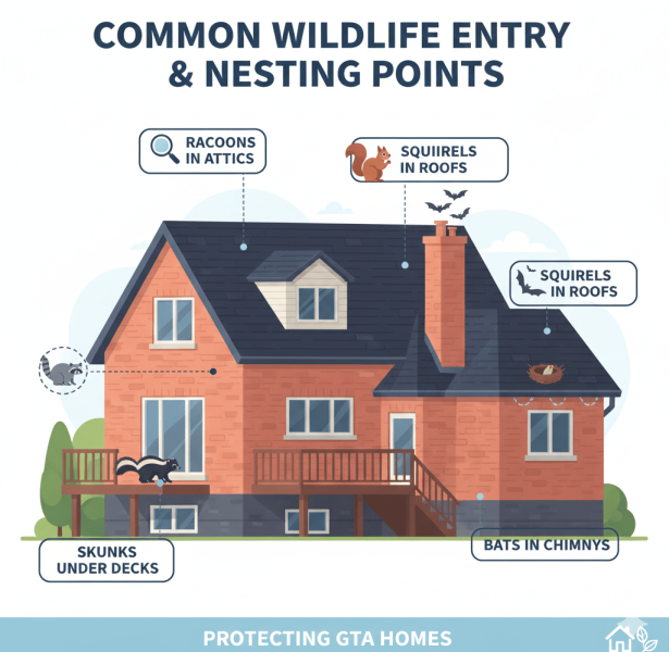 Common wildlife problems in GTA homes including raccoons, squirrels, skunks, bats, and birds.