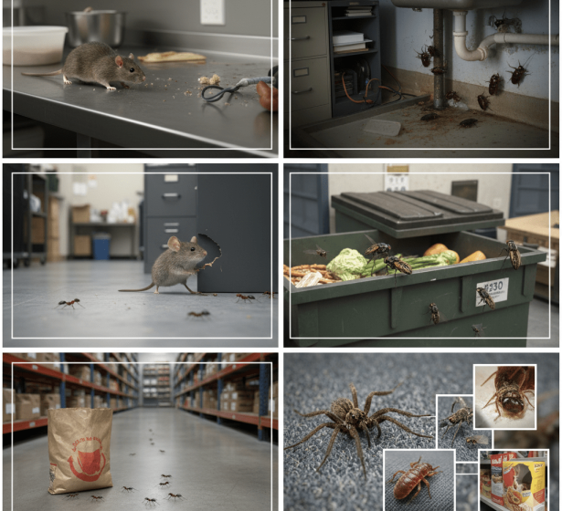 Collage of common commercial pests including rats, mice, cockroaches, ants, and spiders