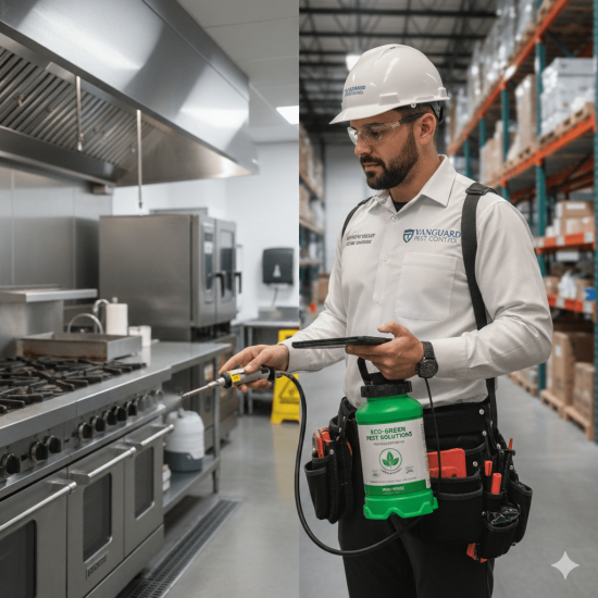 Technician applying pest control treatments in a commercial kitchen and warehouse in GTA