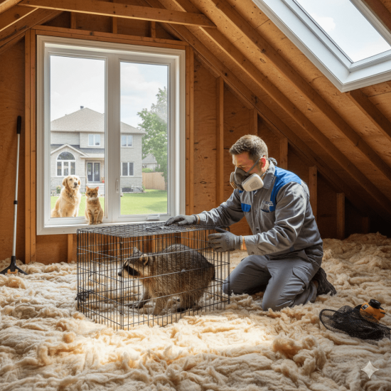 Technician performing wildlife removal and inspection in a Toronto home attic.