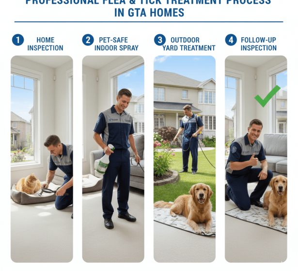Step-by-step professional flea and tick treatment process in GTA homes.
