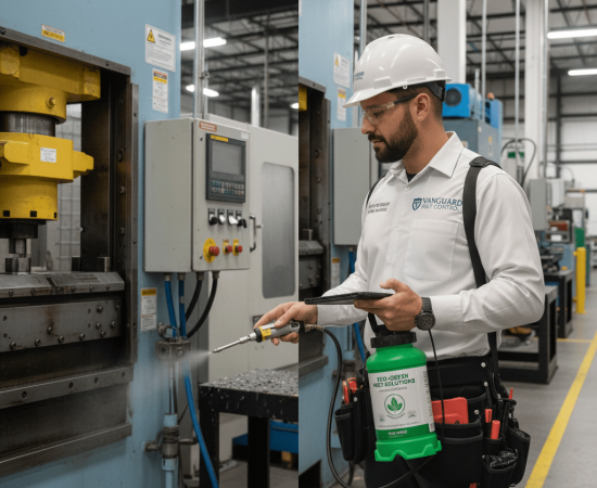 Industrial pest control technician treating warehouse and factory in GTA