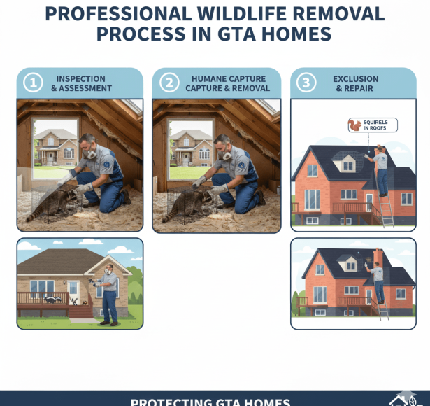 Step-by-step wildlife removal process in GTA homes including inspection, humane capture, and exclusion.