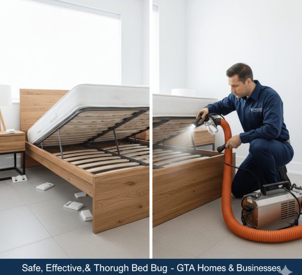 Professional pest control technician performing bed bug treatment in a GTA bedroom using eco-friendly sprays, traps, and heat treatment equipment.