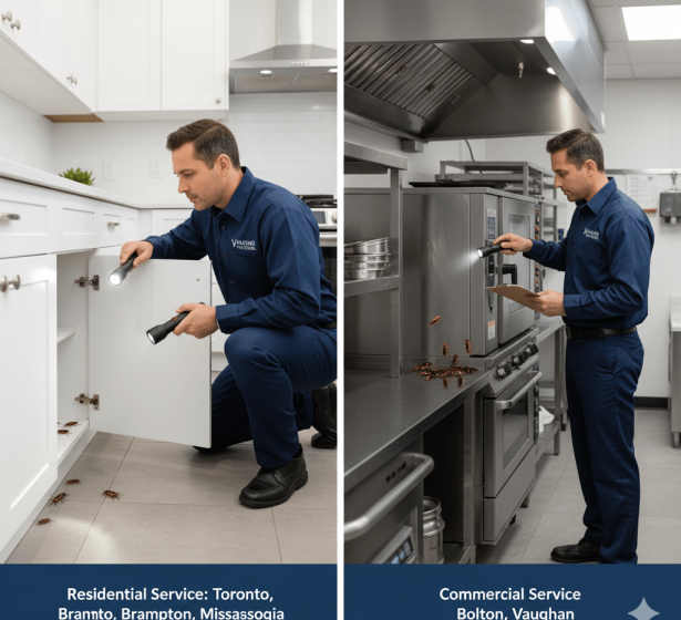 Vanguard Pest Control technician inspecting kitchens and commercial areas for cockroach infestations in the GTA, wearing branded uniform and using inspection tools.