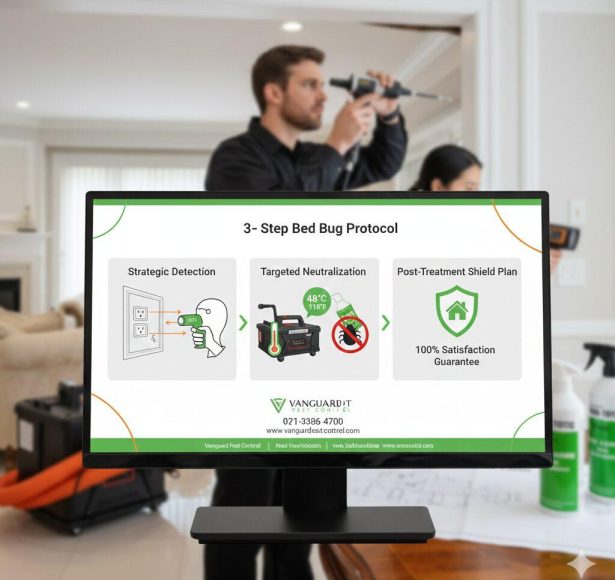 Infographic showing Vanguard Pest Control’s 3-step bed bug removal process: Strategic Detection in outlets, Targeted Heat Neutralization at 48°C, and Post-Treatment Shield Plan.