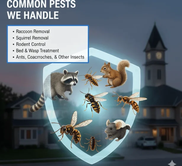 Licensed Vanguard Pest Control technician inspecting a Caledon home for rodent entry points.