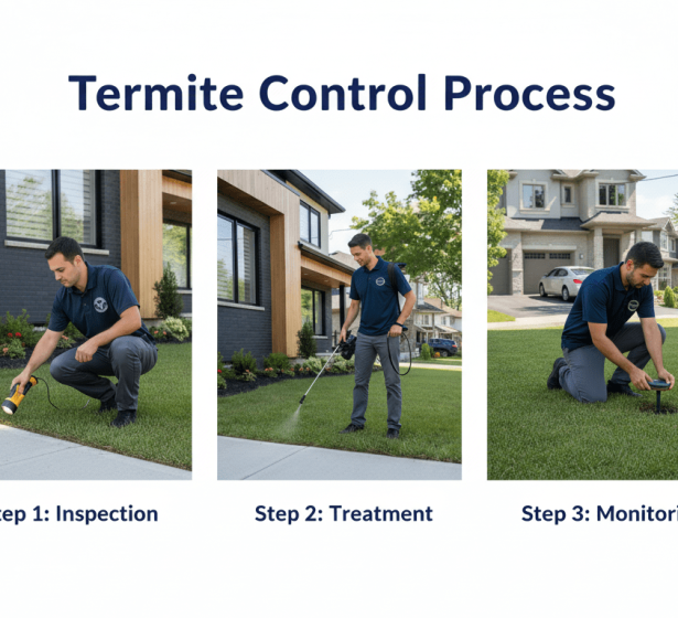 Licensed Vanguard Pest Control technician performing a termite inspection and applying eco-friendly treatment in a GTA home basement
