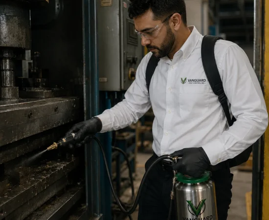 Industrial pest control technician from Vanguard Pest Control inspecting and treating equipment inside a commercial manufacturing facility in the Greater Toronto Area.